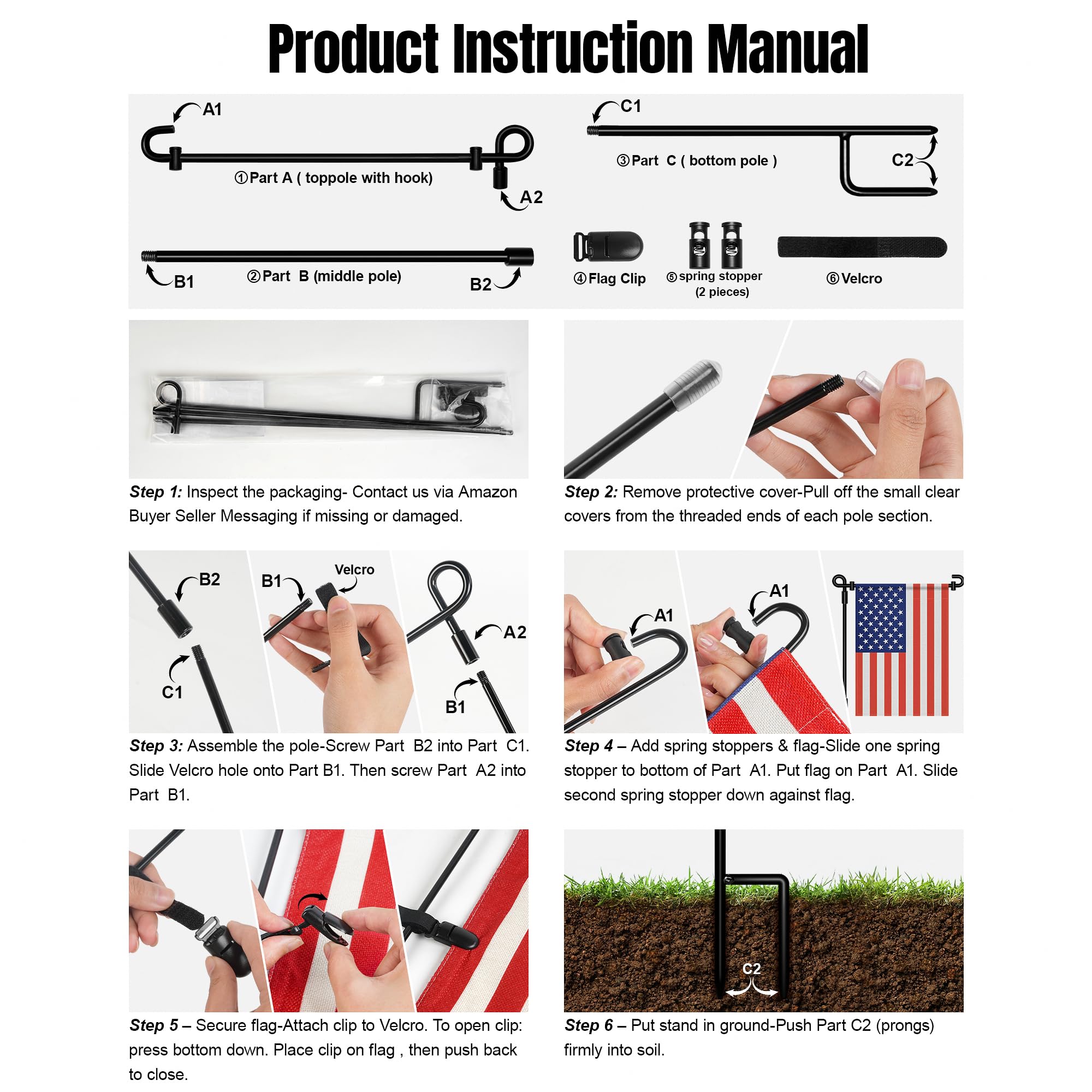 HOOSUN Garden Flag Stand,Premium Garden Flag Holder Pole Metal Powder-Coated Weather-Proof Paint with Graden Flag Clip and Spring Stoppers Without Flag Garden Decorations