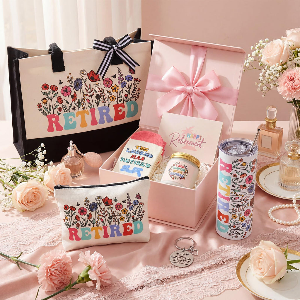 Patelai 7 Pcs Retirement Gifts for Women 2026,Happy Retirement Gift with 20oz Tumbler Tote Bag Socks Candle Cool Retired Gifts for Mom Teacher Nurse Coworker Boss Grandma End of School Year