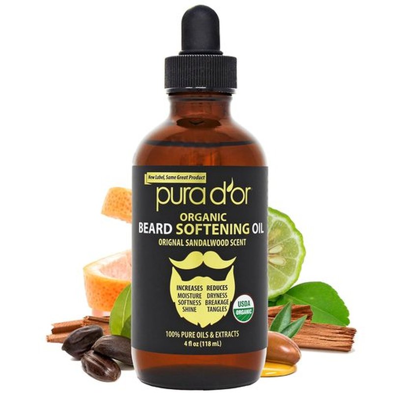 PURA D'OR Organic Beard Softening Oil - Original Sandalwood Scent - Leave-In Conditioner with Argan & Jojoba Oil - 4 Oz