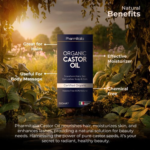Pharmlitalia Caster Oil Organic Cold Pressed Unrefined Glass Bottle - Organic Golden Castor Oil for Face, Scalp, Eyelashes, Skin Care and Nails - Aceite De Castor Organico Puro - 500ml