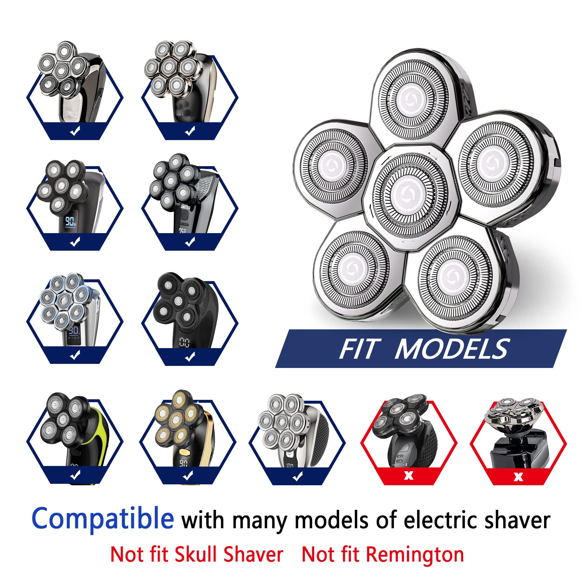 Universal Replacement Heads for Blade,Replacement Blades Compatible with Most Major Head Shaver Brands, Easy-to-Install Electric Razor Shaver Heads for Bald Men. (6 Silver)