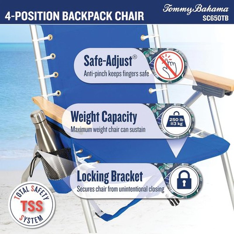 Tommy Bahama Folding Beach Backpack Chair - 4-Position Lace-Up Suspension - 17" Seat Height