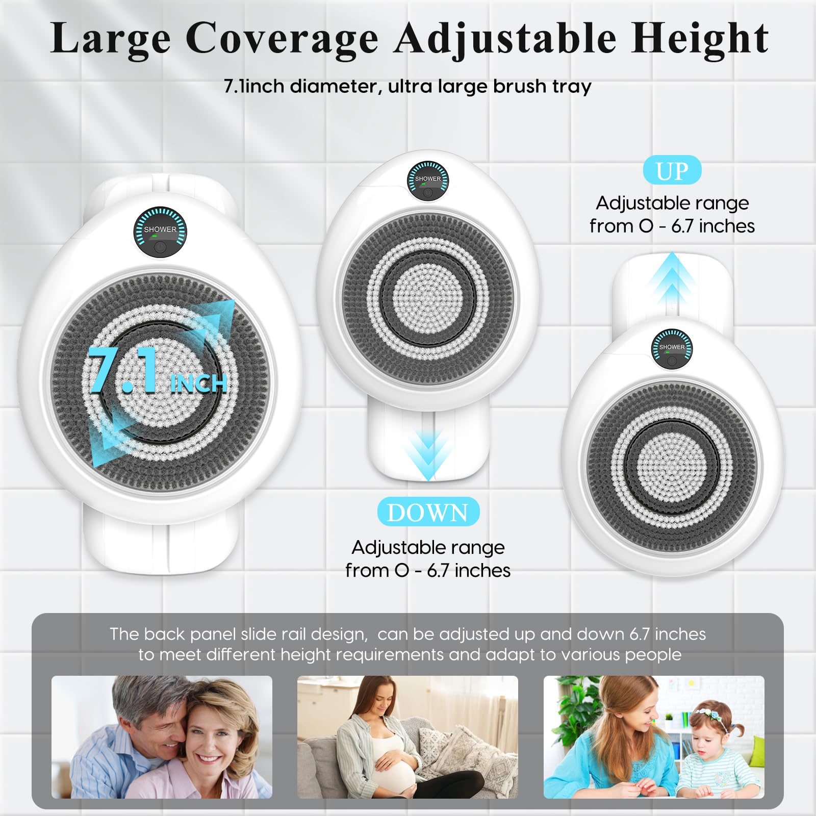 Electric Back Scrubber for Shower - Wall Mounted Exfoliating Brush, Hands-Free Automatic Body Scrubber, IPX7 Waterproof, 3-Speed Adjustment, 3 Replaceable Heads with 50pcs Disposable Shower Caps
