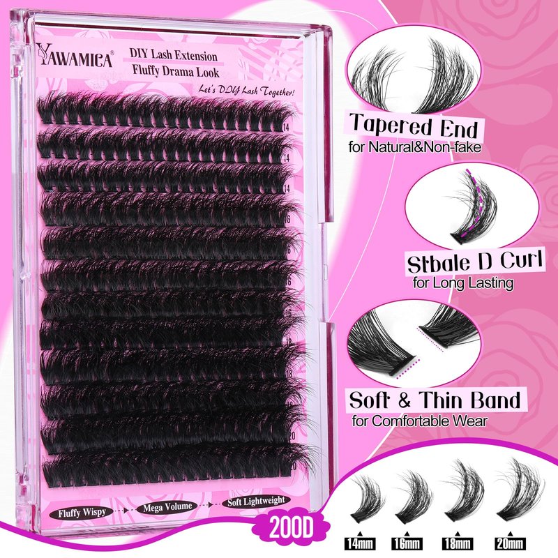 Yawamica Fluffy Lash Clusters Thick 200D Volume Eyelash Clusters 14-20mm Wispy Individual Lashes D Curly Cluster Eyelash Extensions 240pcs DIY Lash Extension for Beginners