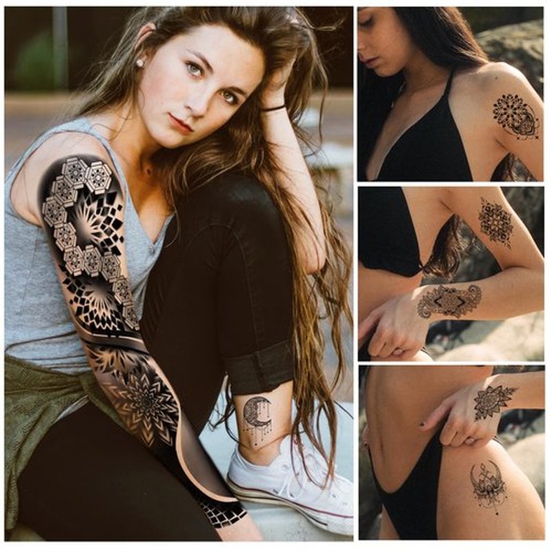 48 Sheets Mandala Flower Bohemia Full Arm Sleeve Temporary Tattoos for Women Girls, Skull Owl Black Fake Tattoos Neck Chest Arm Stickers Waterproof