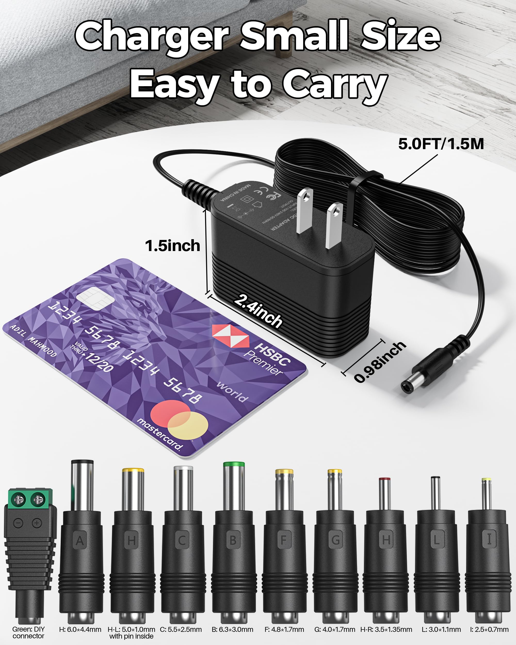 9V Power Supply AC Adapter DC 9V Power Cord Universal Power Adapter with 10 Interchangeable Jacks Compatible with 1000mA 900mA 800mA 700mA 600mA 500mA 400mA 300mA 200mA 100mA Electronics