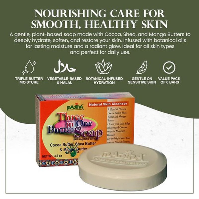 Madina 3-in-1 Butter Soap Bar – Cocoa, Mango & Shea Butter, Moisturizing, Nourishing, Vegetable-Based, Halal, Gentle Cleanser for All Skin Types, 6 Pack (3.5 oz Each)