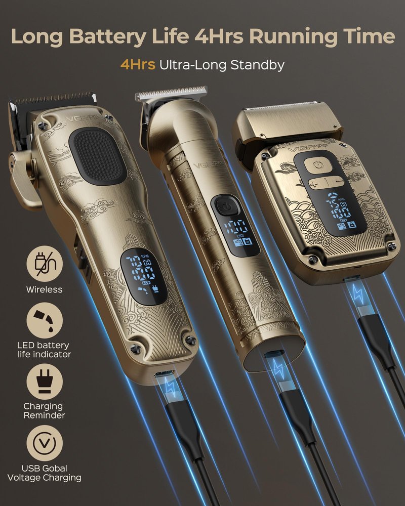 Vgrpro Hair Clippers & Trimmers Set for Men Professional, Waterproof Electric Razor Foil Shaver for Men Face Beard, Cordless for Hair Cutting, 4-Speed Setting, LED Battery Display, Barber or Home Use