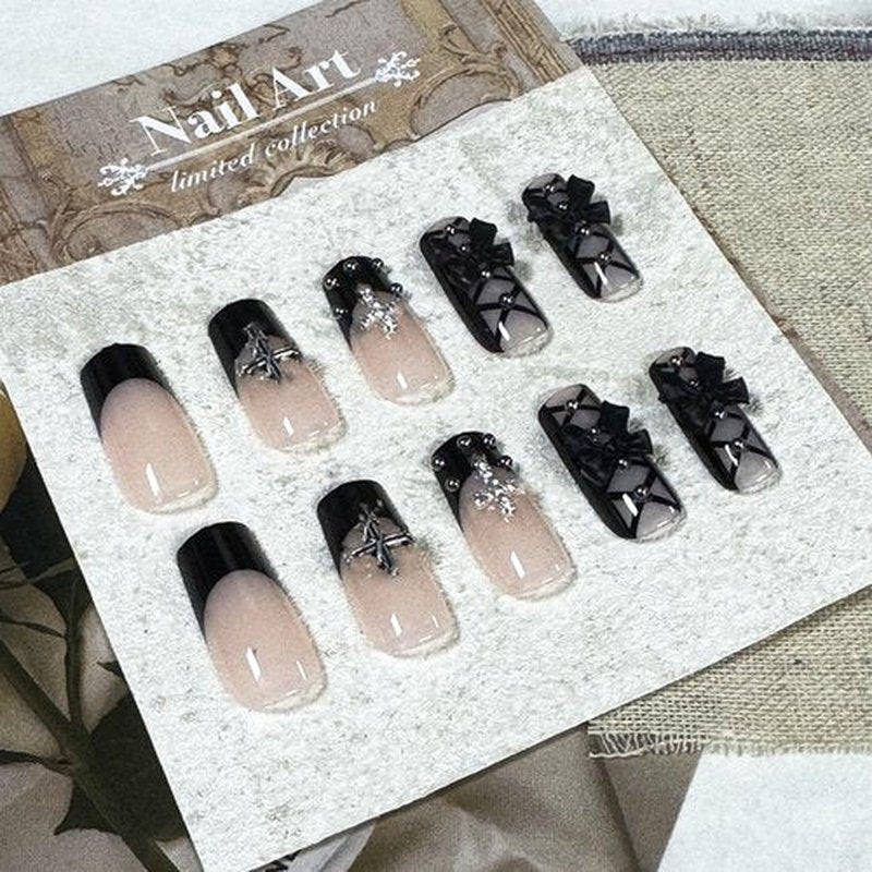 IMSOHOT Black French Press on Nails Long Square Fake Nails Acrylic Nude False Nails with Bow & Cross Design Full Cover Stick on Nails Glossy Glue on Manicure Kit for Women 24Pcs