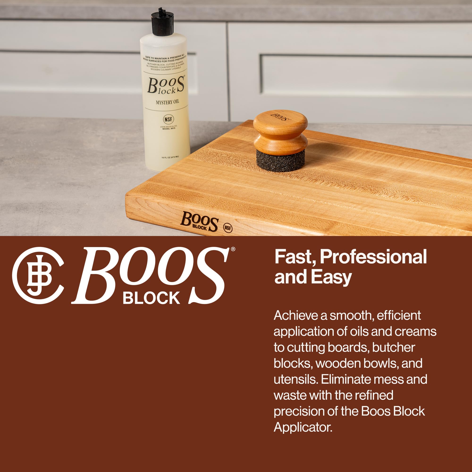 John Boos 2-Piece Care Set, 16 oz Mystery Oil & Round Beechwood Applicator - All-Natural Maintenance Formula for Butcher Blocks, Cutting Boards, Wooden Countertops & Wood Utensils