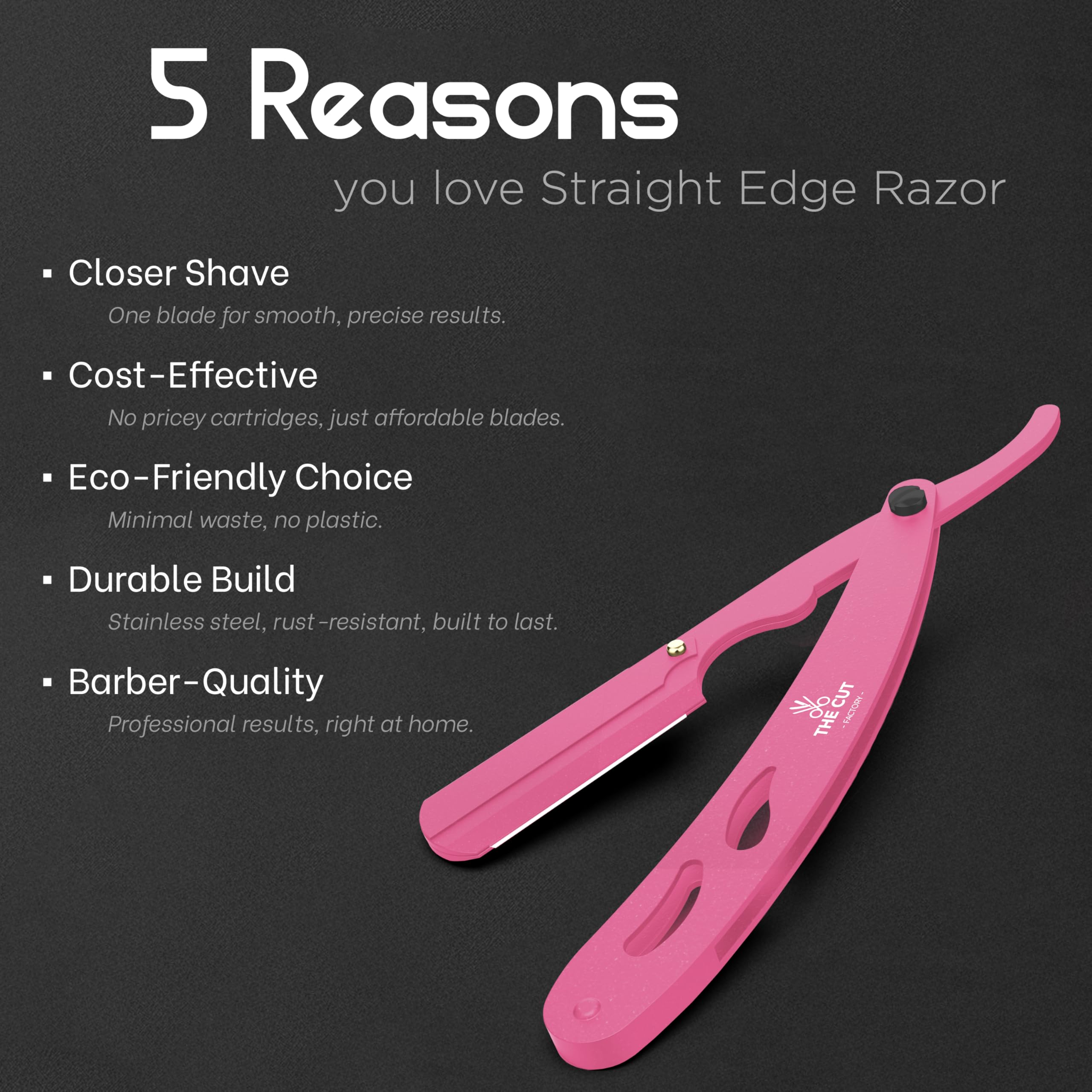 The Cut- Factory- Straight Razor with 20 Pack Platinum Treat Single Blade Razors for Men- Professional Barber Straight Edge Razor for Close Shaving 100 Percent Stainless Steel, Pink