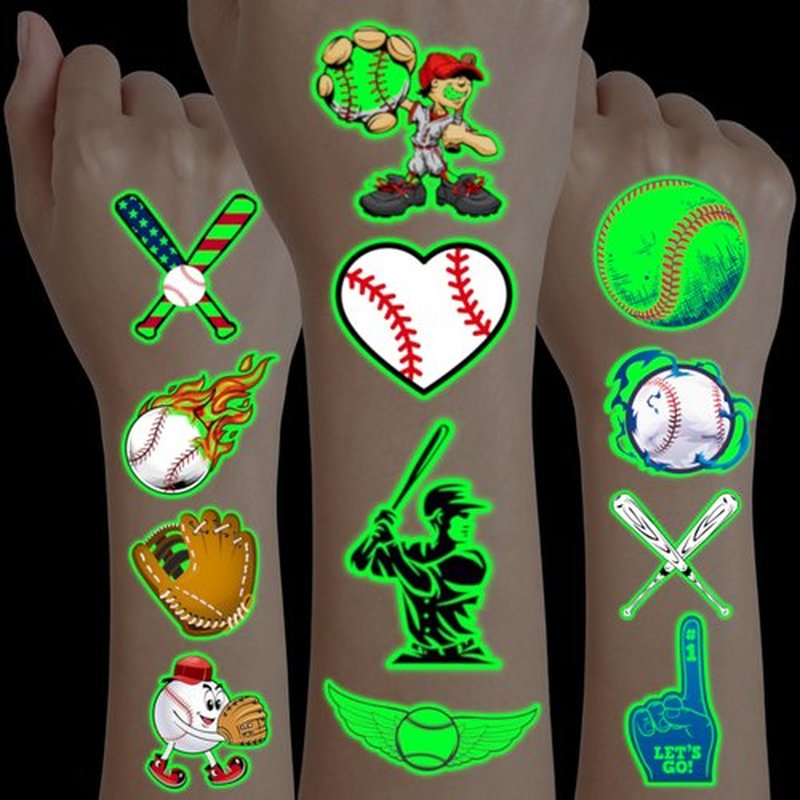 96PCS Baseball Pre-Cut Temporary Tattoos for Kids - Sports Themed Birthday Party Supplies, Fun Stickers for Boys & Girls, Party Favors, School Prizes, Summer Olympic Gifts (Glow in the dark)