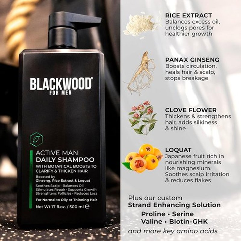 Blackwood For Men Active Man Daily Shampoo - Thickening & Clarifying Formula for Oily Hair - Natural Vegan, Sulfate-Free with Ginseng & Aloe Vera (17oz)