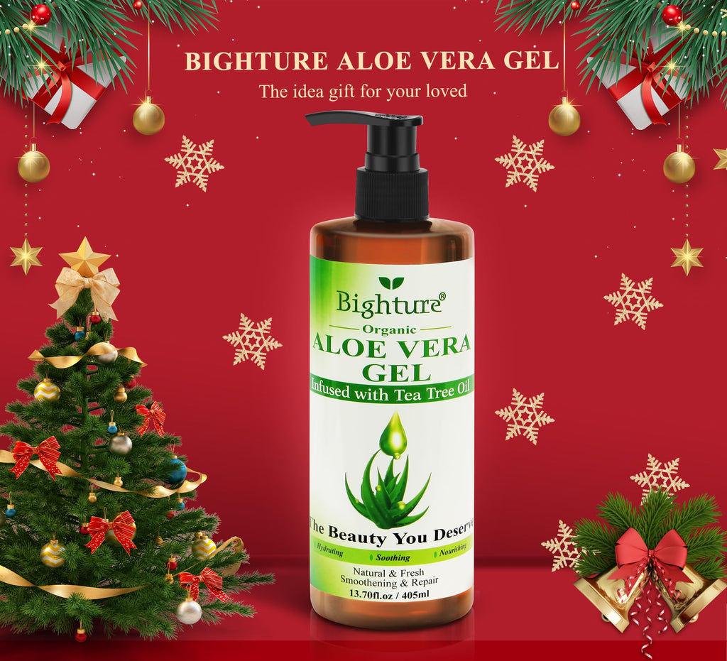 BIGHTURE Aloe Vera Gel with Tea Tree Oil for Face, Skin, Hair, Sunburn relief, Aloe Vera Gel from Freshly cut 100% Pure Aloe,13.7oz