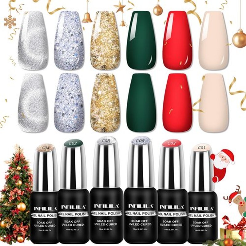 NXJ INFILILA Cat Eye Christmas Gel Nail Polish Set 6 Colors, Winter Christmas Gel Polish Set Sparkle Green Red Glitter Silver New Year Fall Gel Polish Kit Nail Art Manicure(Feline Luster07)