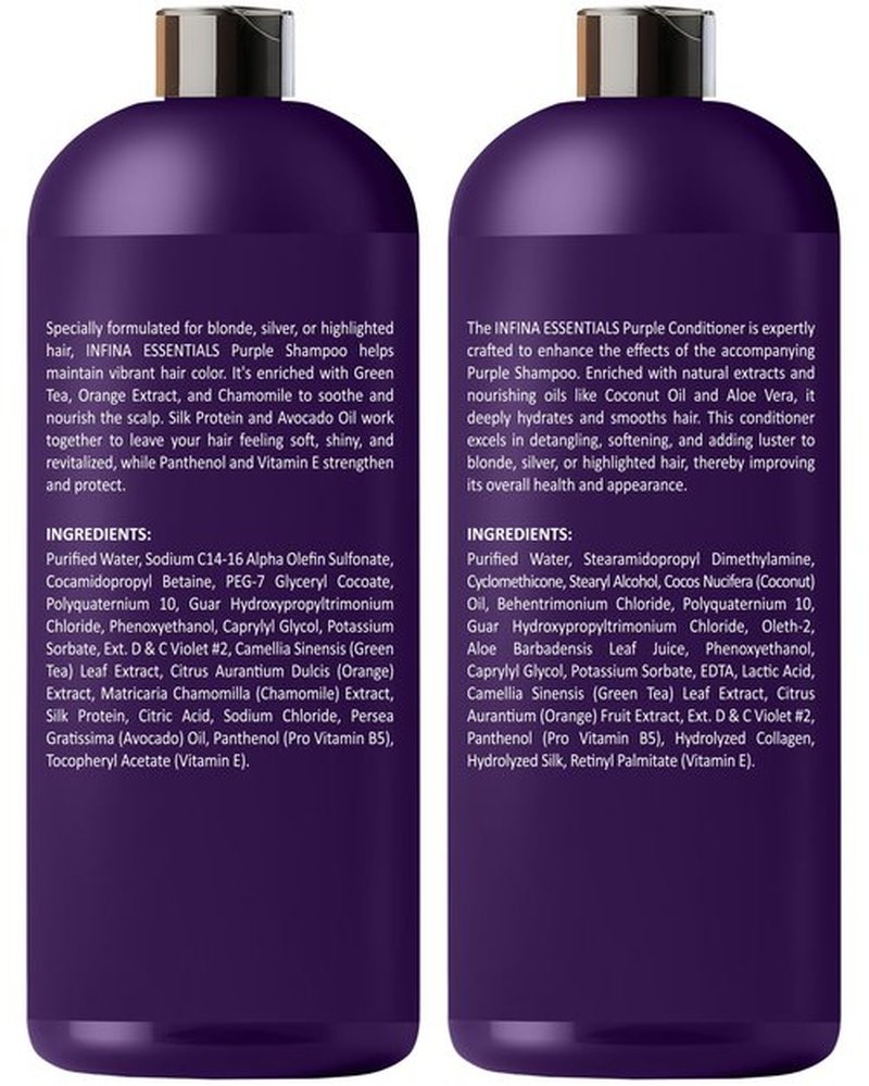 INFINA ESSENTIALS Purple Shampoo and Conditioner Set - Sulfate Free, Enriched with Coconut Oil & Aloe Vera, Ideal for Blonde, Gray, Brassy & Color Treated Hair, Nourishes & Hydrates - 16 fl oz each