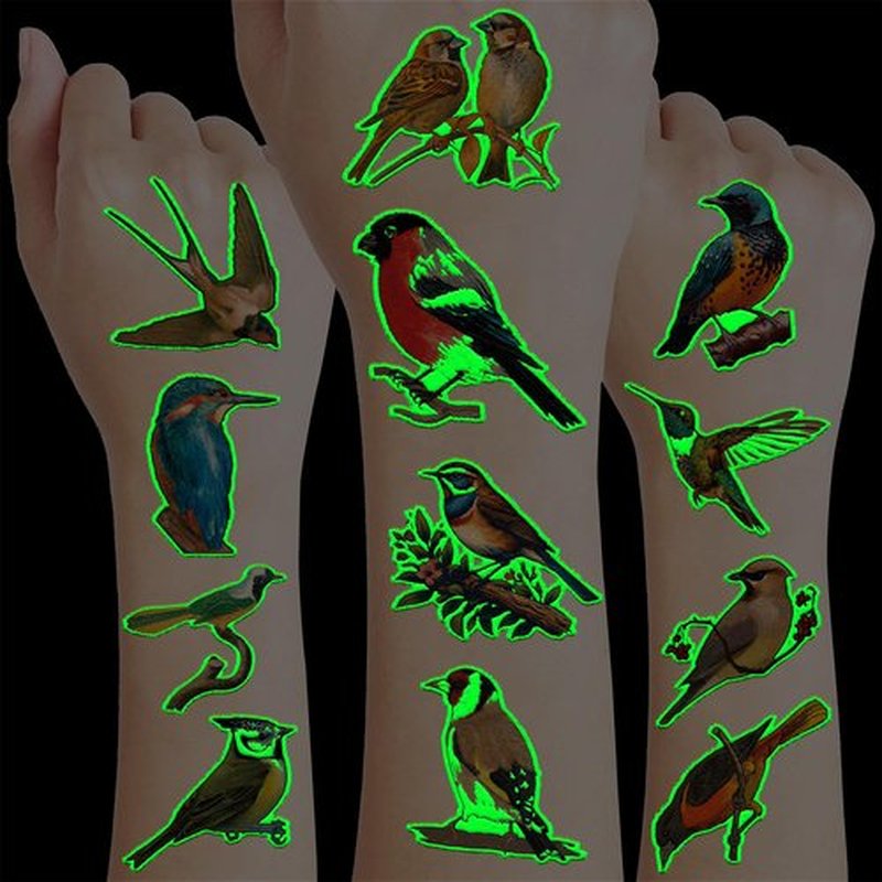 96 PCS Small Rainforest Bird Luminous Pre-Cut Temporary Tattoos Birthday Party Decorations Supplies Favors Hawaiian Summer Hummingbird Glow in The Dark Stickers Boys Gift School Rewards (Luminous)