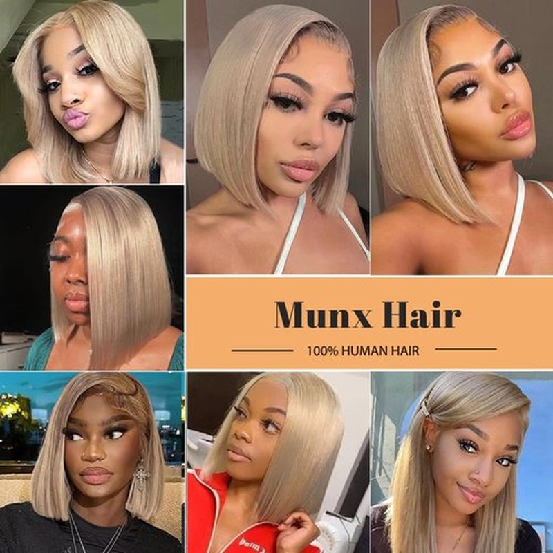 Munx Ash Blonde Bob Wigs Human Hair 180% Denstiy 13x6 HD Lace Frontal Human Hair Wig for Black Women Pre Plucked Straight Glueless Lace Front Short Bob Wigs 10 Inch