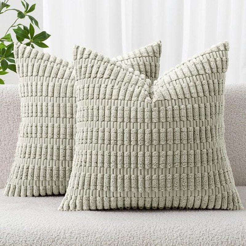 MIULEE Decorative Throw Pillow Covers - Soft Boho Striped Corduroy | Pack of 2, 18x18 Inch, Light Green