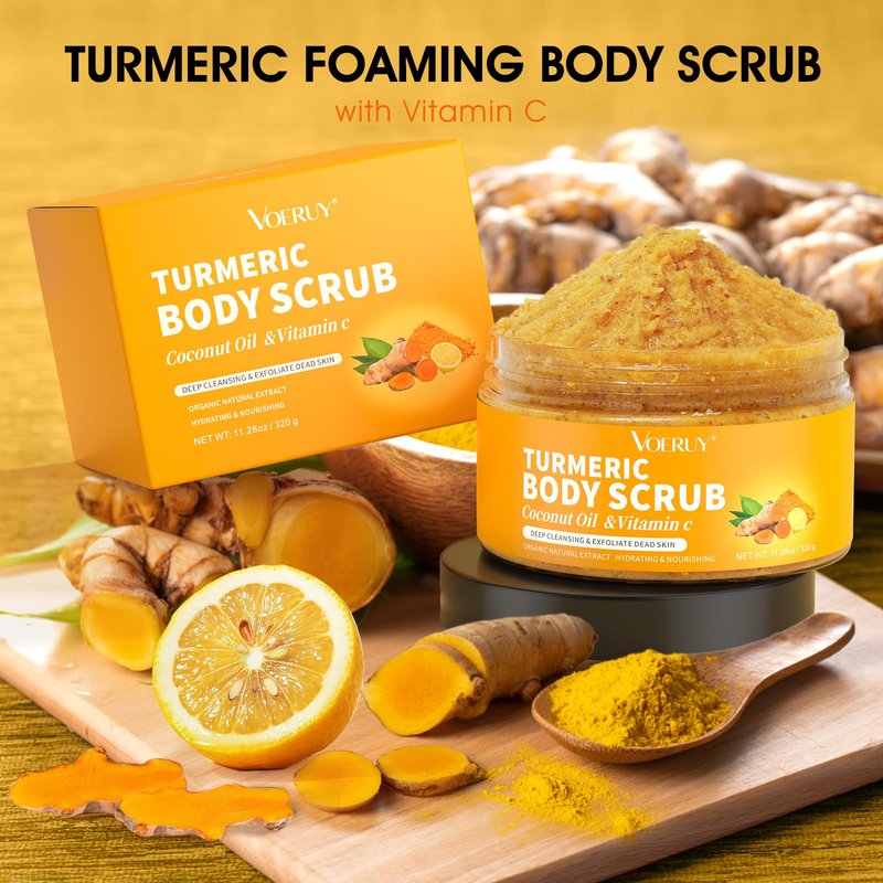 VOERUY Body Scrub, Turmeric Exfoliating Body Scrub, with Coconut Oil & Vitamin C, Bikini Area Exfoliator Gently Exfoliate Body Hand and Foot Scrub, Moisturized Skin for Women and Men, 11.28oz/320g