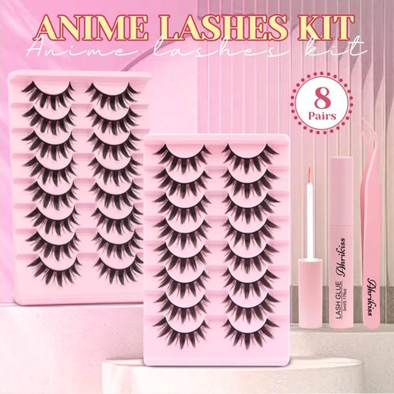 Ahrikiss Lashes Spiky Manga Lashes Anime False Eyelashes 8 Pairs Faux Mink Lashes Kit with Lash Glue and Lash Tweezers Cosplay Thick Fake Eyelashes Soft Wispy Strip Lashes (Doll Kit)