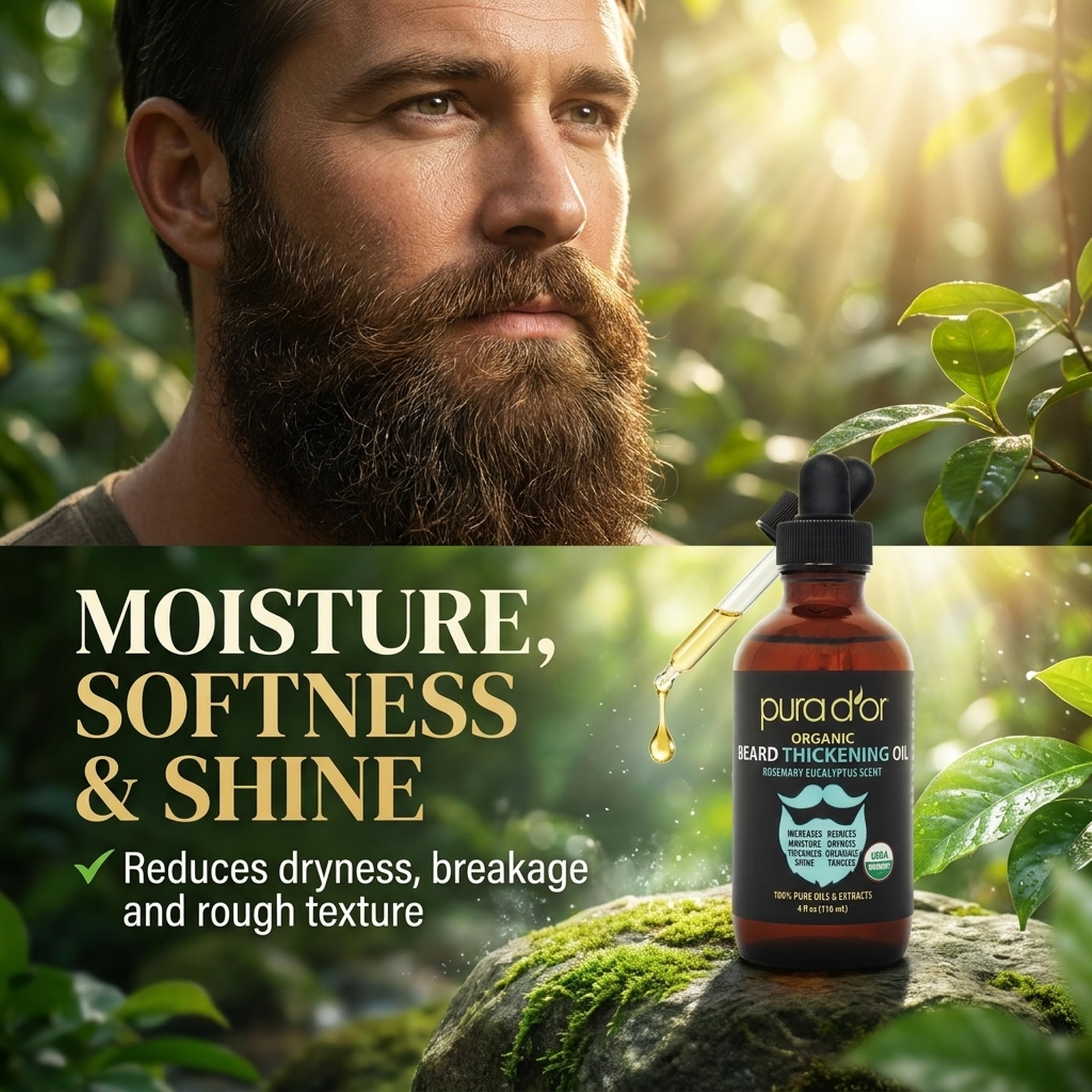 PURA D'OR 4 Oz Thickening Beard Oil – Moisturizing Blend with Rosemary, Biotin & Castor Oil – Increases Moisture, Thickness and Shine - Reduces Dryness and Breakage