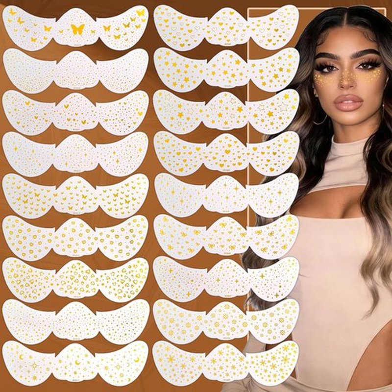 18Pcs Gold Glitter Freckles Face Tattoo,Waterproof Sweatproof Temporary Freckle Stickers for Women Kids,Long Lasting Heart Butterfly Face Glitter Tattoos for Concert Halloween Marathon Instant Glam