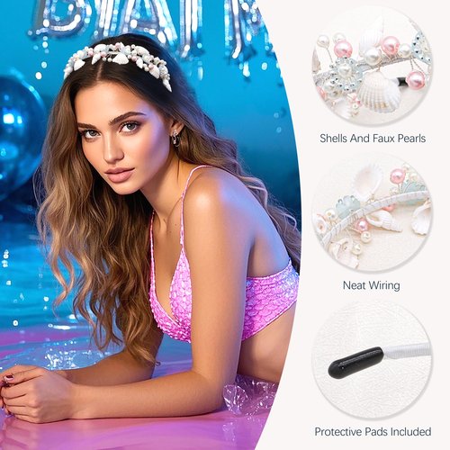 Oriamour Mermaid Crown Seashell Pearl Headband, Beach Wedding Hair Accessory with Pink and White Pearls, Bridal Headbands For Women Girls Summer Headwear Mermaid Headpiece