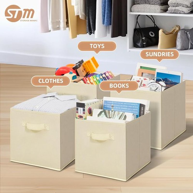 Storage Maniac Storage Cubes - 11 Inch Collapsible Bins with Handles | 6 Pack Durable Beige Fabric Organizers