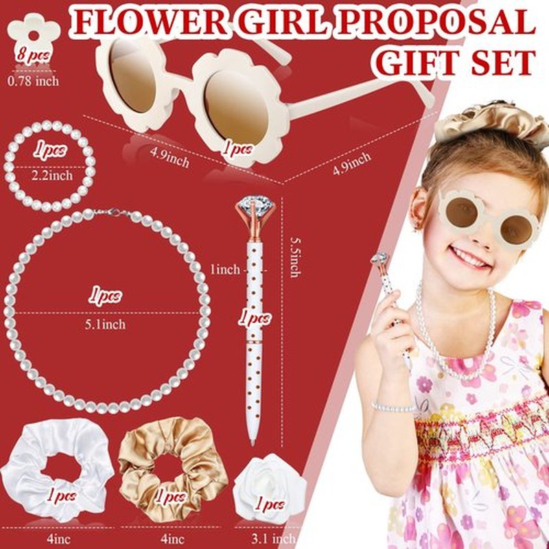 16 Pcs Flower Girl Proposal Box Kit Gifts Round Glasses Necklace Pearl Bracelet Diamond Pen Hair Scrunchies Rose Will You Be My Flower Girl for Wedding(Milky White)