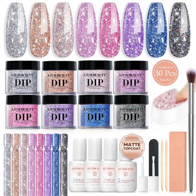 AZUREBEAUTY Dip Nails Powder Starter Kit - 8 All-Season Colors with Glossy/Matte Top Coat & Nail Sticks