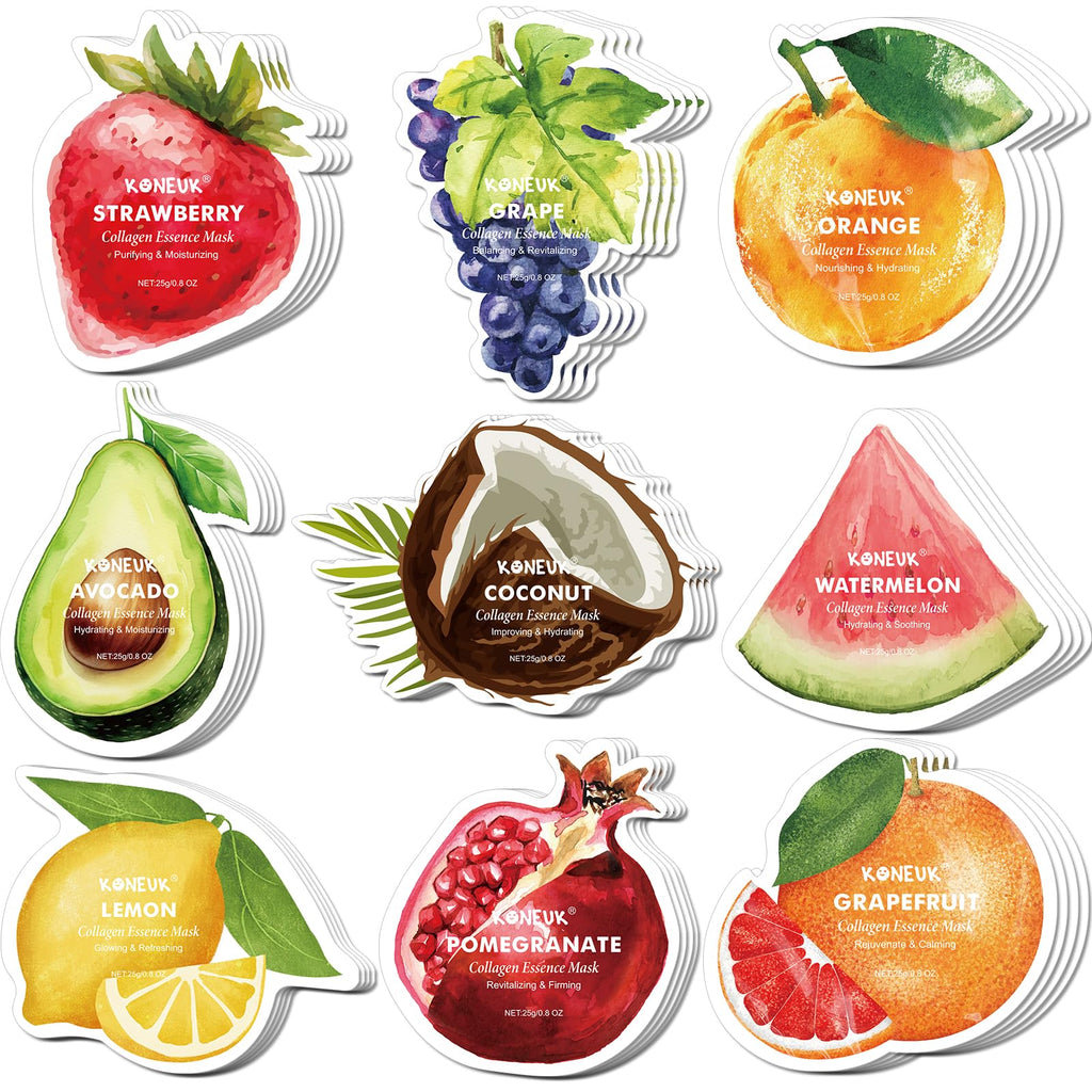 KONEUK 36 Pack Fruit Shaped Sheet Face Mask for Women, Collagen Hydrating and Moisturizing Face Masks Skincare for Dry Skin, Bulk Mothers Day Gifts, Spa Party Gifts, Nurse Gifts(9 Types x 4 Pcs)