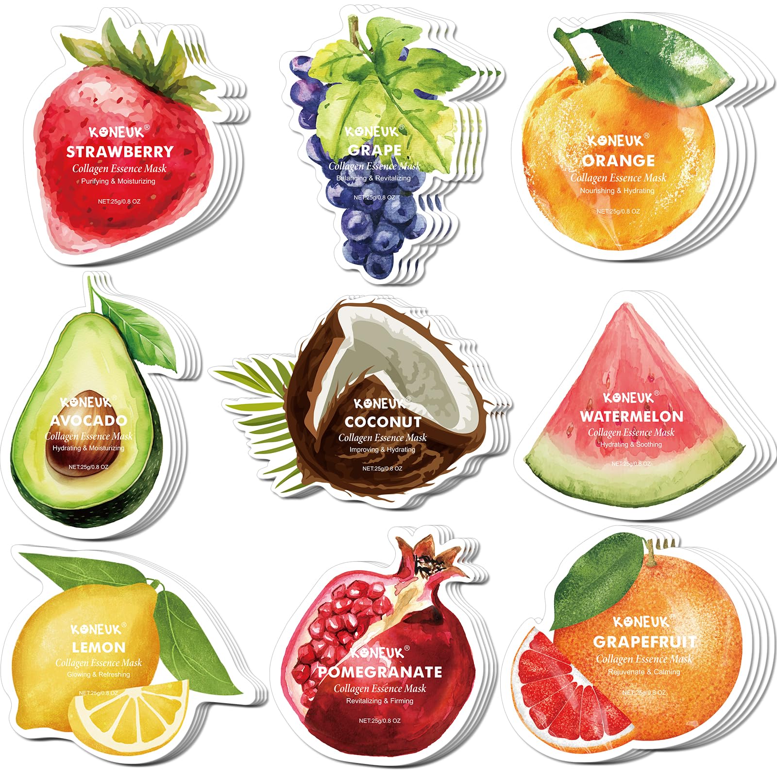 KONEUK 36 Pack Fruit Shaped Sheet Face Mask for Women, Collagen Hydrating and Moisturizing Face Masks Skincare for Dry Skin, Bulk Mothers Day Gifts, Spa Party Gifts, Nurse Gifts(9 Types x 4 Pcs)