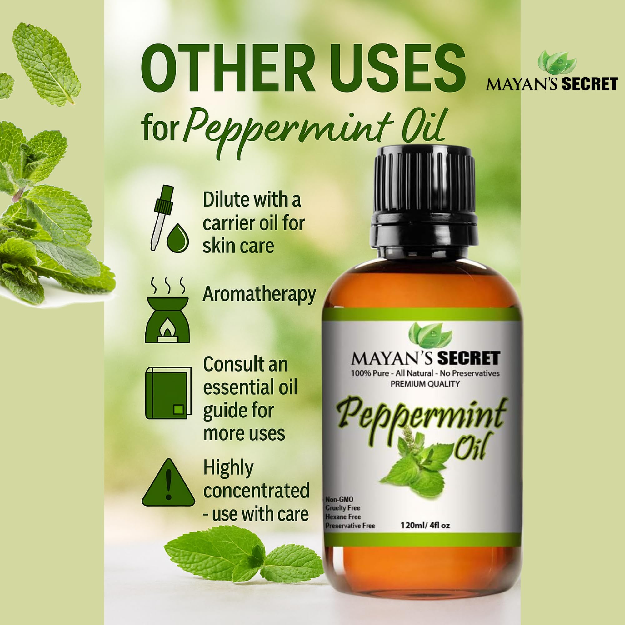 Pure Carrier and Essential Oils for Skin Care, Hair, Body Moisturizer for Face-Anti Aging Skin Care (Peppermint Oil, 4oz)