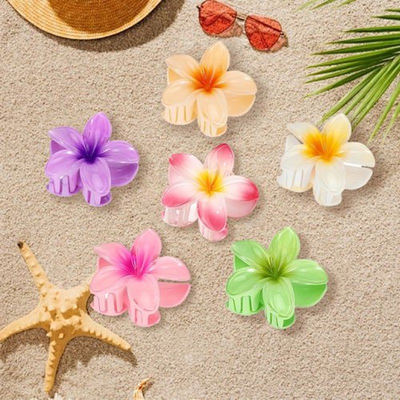 BAISEN 6 pcs Color Flower Hair Clips,3.14 inches Large Hawaiian Flower Claw Clip for Women,Beach Vacation hair accessories for Women Girls