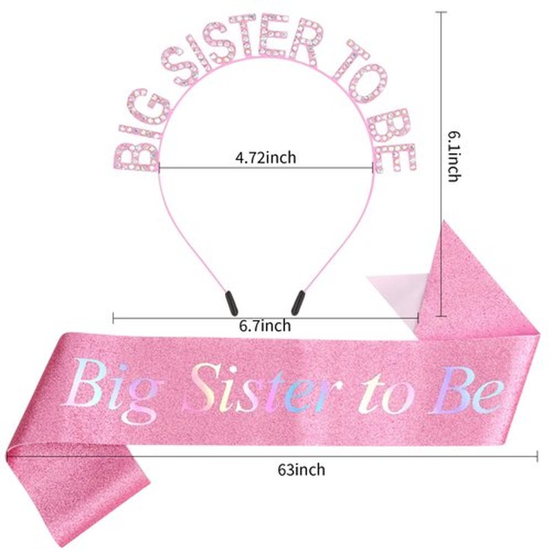 Chanaco Big Sister Gifts for Girls Pink Metal Rhinestone Crown Headband Glitter Satin Sash Big Sister to Be Accessory Set Announcement Party Decorations Cute Sibling Hairband Gift (Pink)