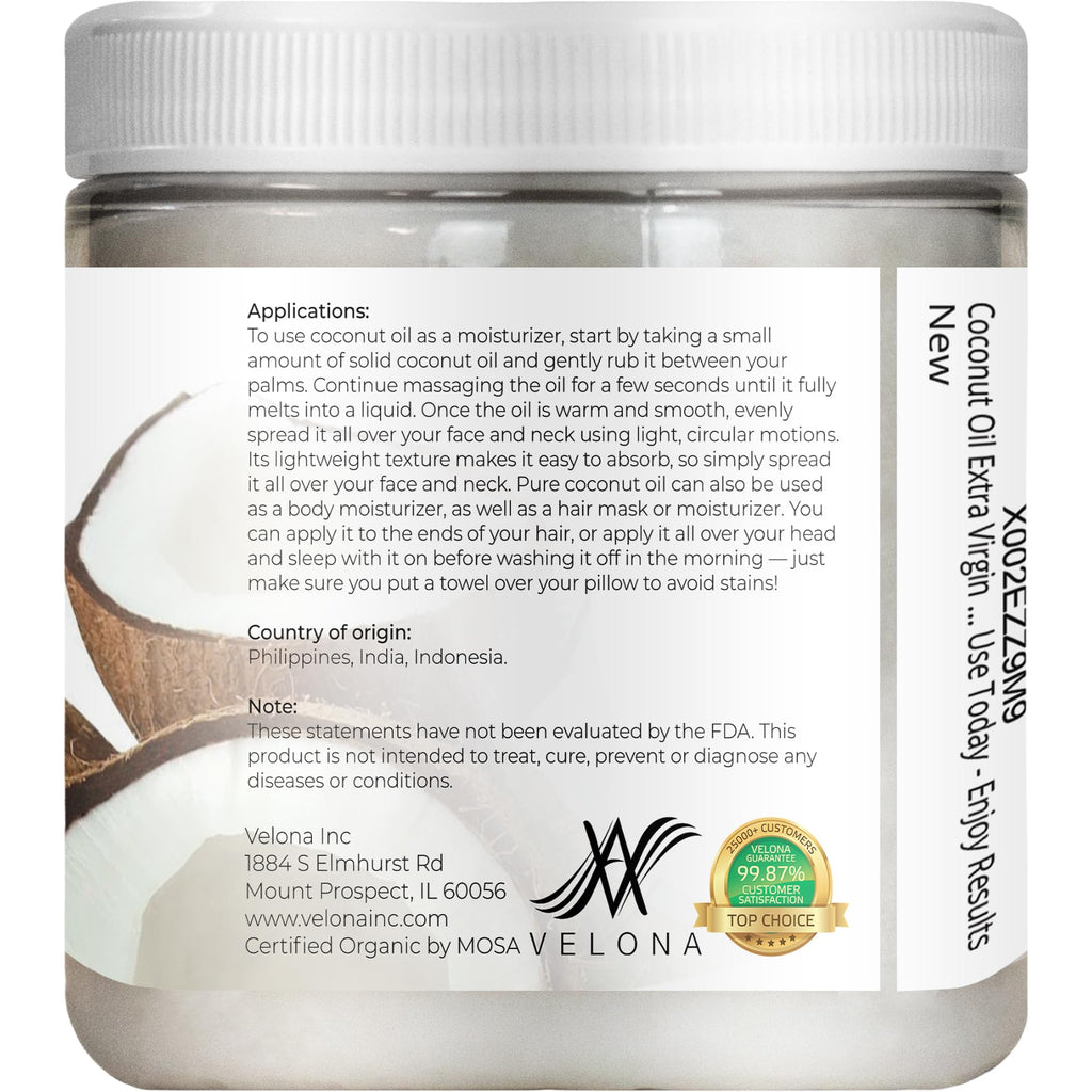 Velona USDA Certified Organic Coconut Oil Extra Virgin - 8 fl oz | Food and Cosmetic Grade | in jar | Extra Virgin, Cold Pressed
