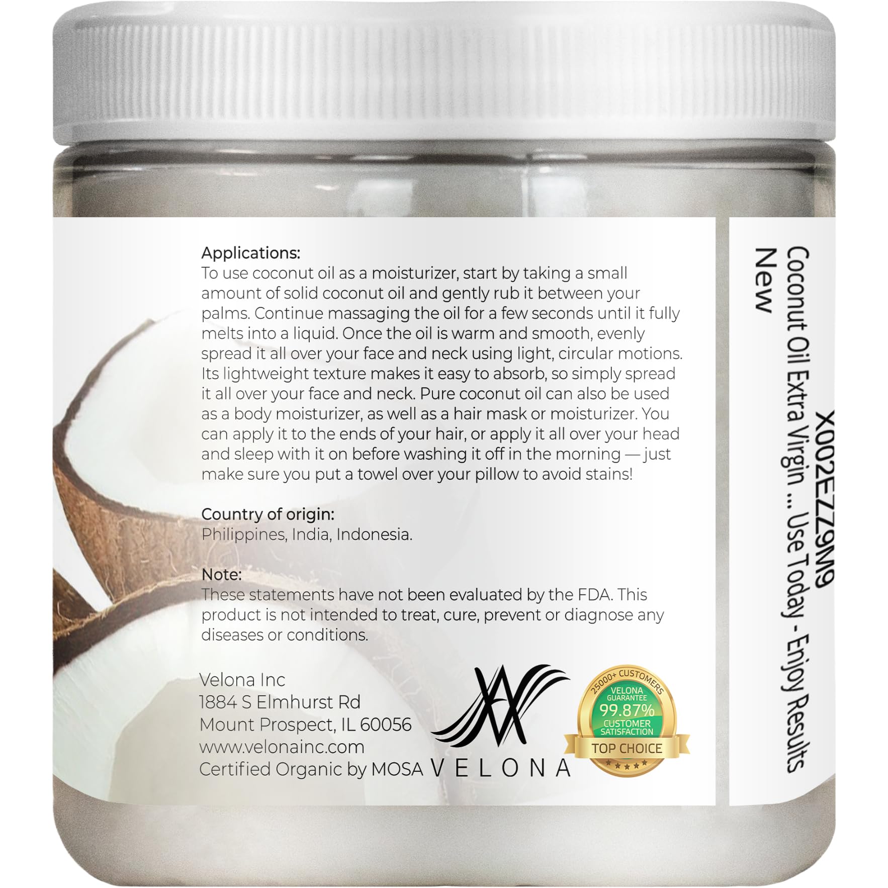 Velona USDA Certified Organic Coconut Oil Extra Virgin - 8 fl oz | Food and Cosmetic Grade | in jar | Extra Virgin, Cold Pressed