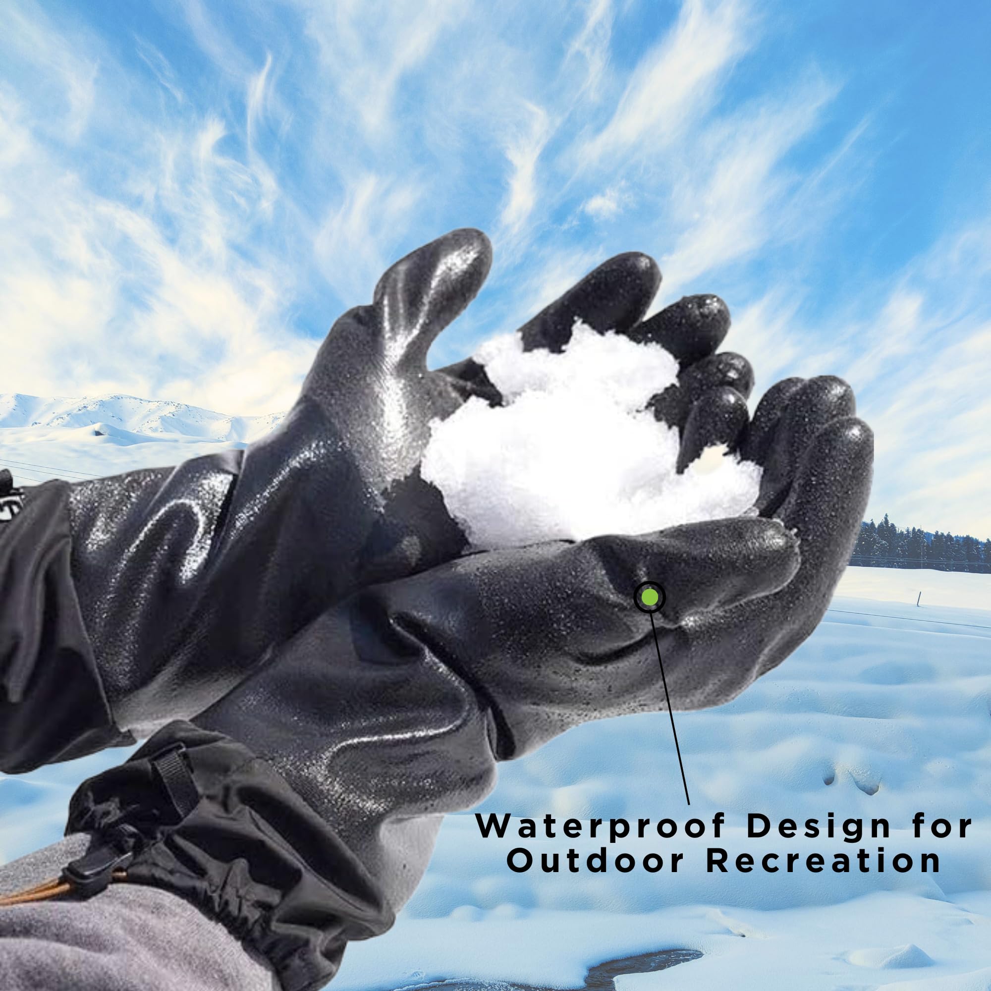 SHOWA TEMRES 282-02 Waterproof Insulated Winter Work Gloves, Breathable Polyurethane, Integrated Drawstring Gaiter Snow Cuff, Thermal Fleece for Skiing, Ice Fishing, Black, Large, 1 Pair