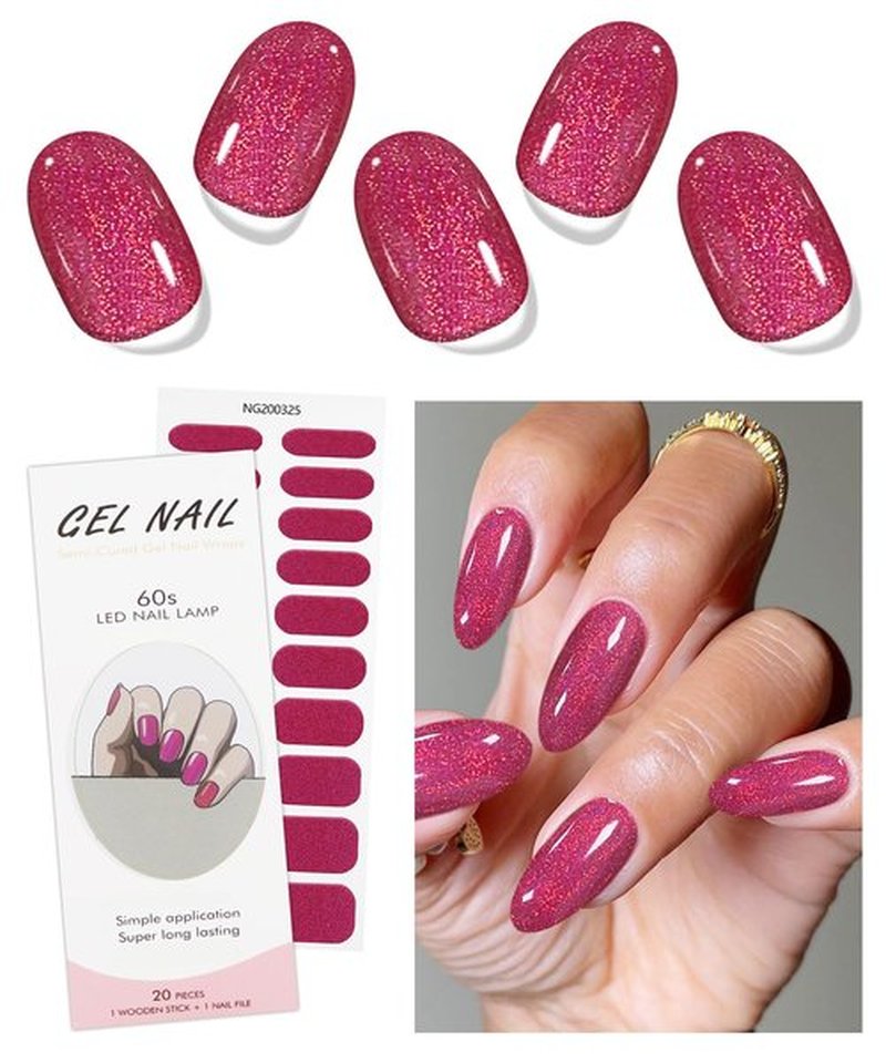 JMEOWIO Gel Nail Stickers Red Glitter Semi Cured Gel Nail Strips Wraps UV/LED Nails Art Design Decoration Accessories