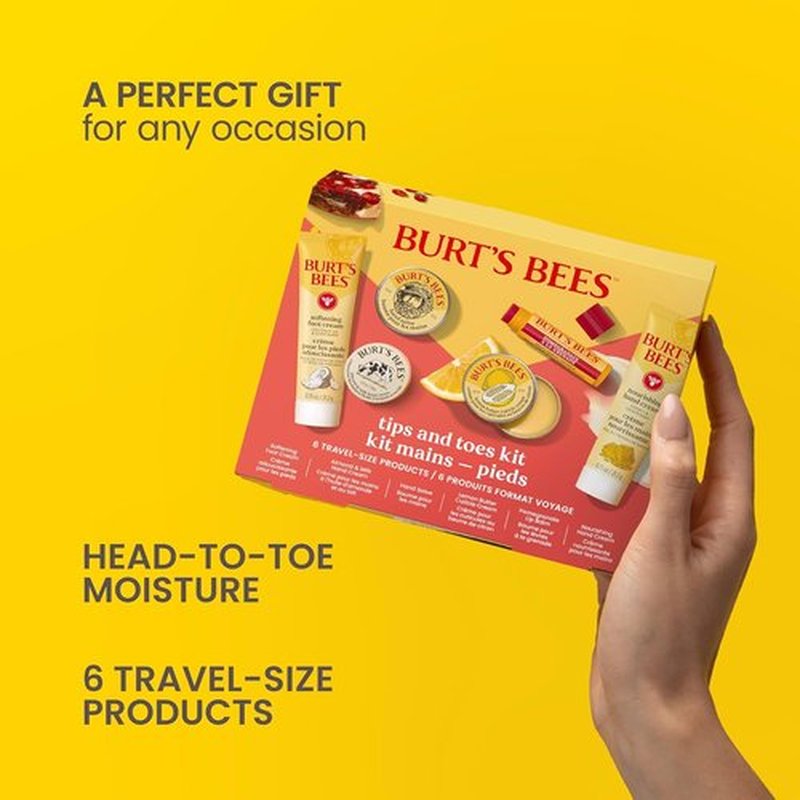 Burt's Bees Tips and Toes Gift Set - 6 Travel Size Essentials with Pomegranate Lip Balm & Creams