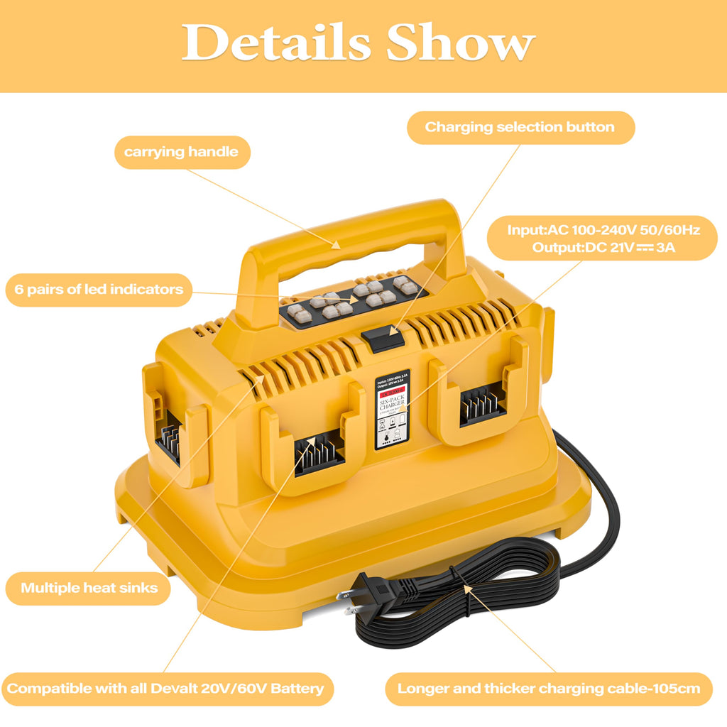 DMMNS 6-Ports Rapid Battery Charger Station,Replacement for Dewalt 20V/60V Battery Charger,Compatible with Dewalt 20V/60V Battery DCB200 DCB206 DCB606 DCB609 DCB612 DCB615
