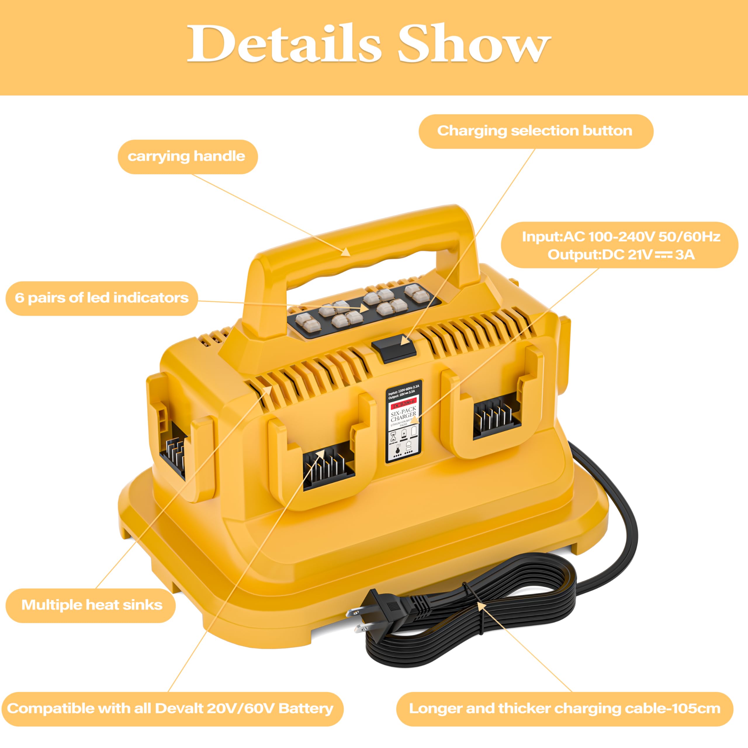 DMMNS 6-Ports Rapid Battery Charger Station,Replacement for Dewalt 20V/60V Battery Charger,Compatible with Dewalt 20V/60V Battery DCB200 DCB206 DCB606 DCB609 DCB612 DCB615