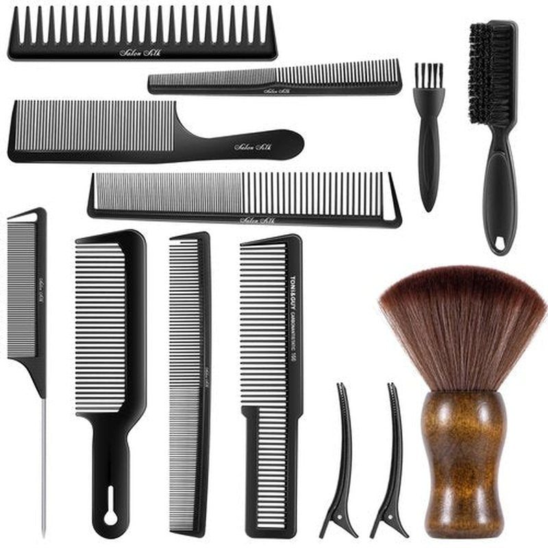 SALONSILK 13PCS Hair Cutting Shaving Brush and Comb Set, Professional Barber Combs for Hair Stylist, Premium Grade Barber Brush Neck Duster, Fading Comb Barber Clipper Comb