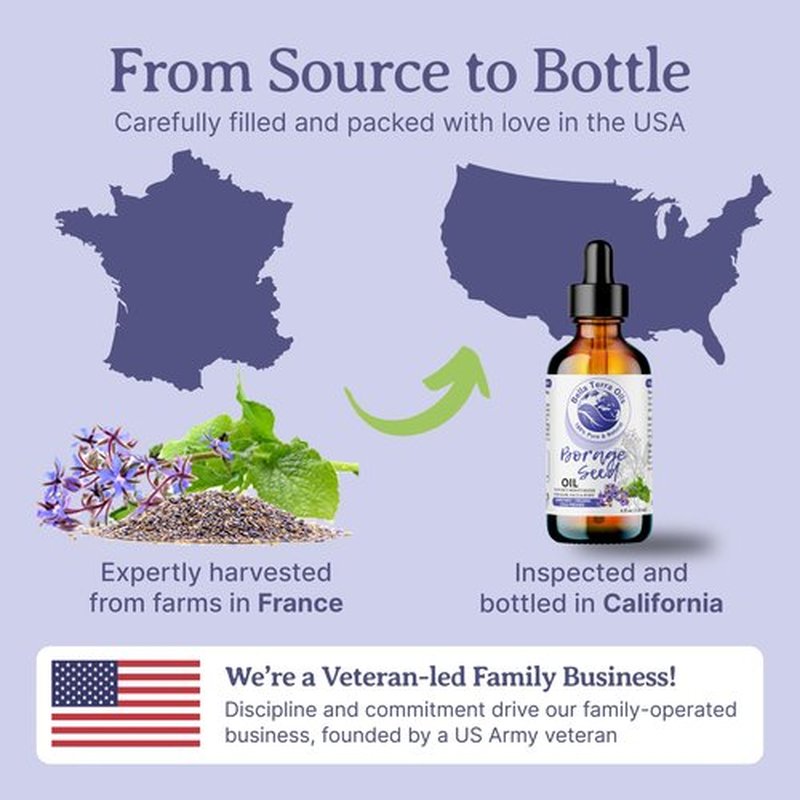 Bella Terra Oils - Organic Borage Seed Oil 4oz - Full of GLA, Embrace the Essence of Pure Organic Borage, Rich in Vitamins A & C, A Natural Boost for Skin's Vitality