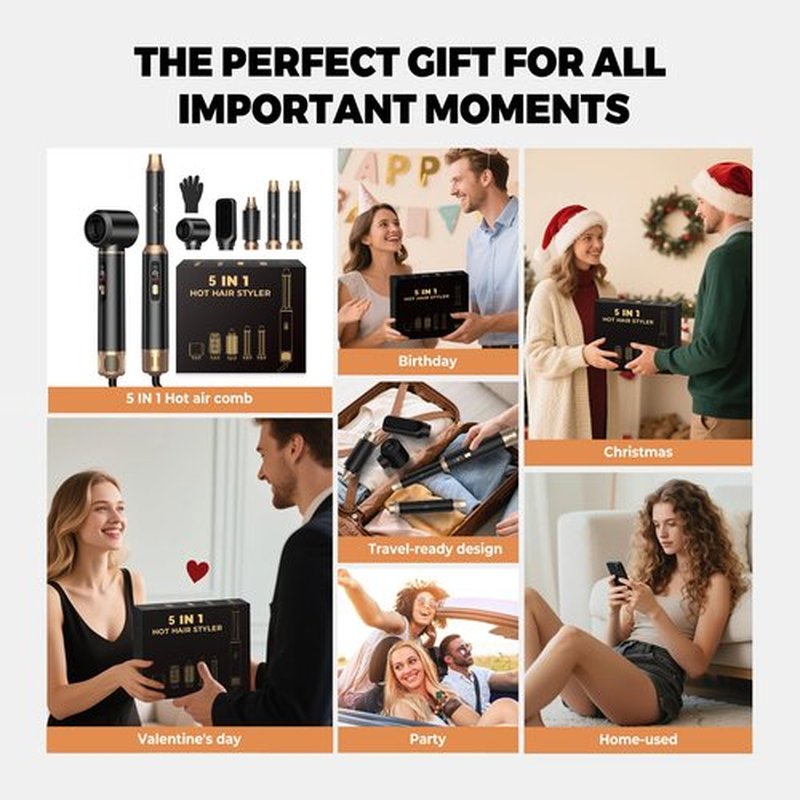 5 in 1 Hair Dryer Brush,Upgrade Air Styler Wrap with LCD Display,Blow Dryer Brush Air Curler Heating Up to 110°C,Negative Ion Blowout Brush Set As A Gift for Straight/Curl/Drying/Smoothing