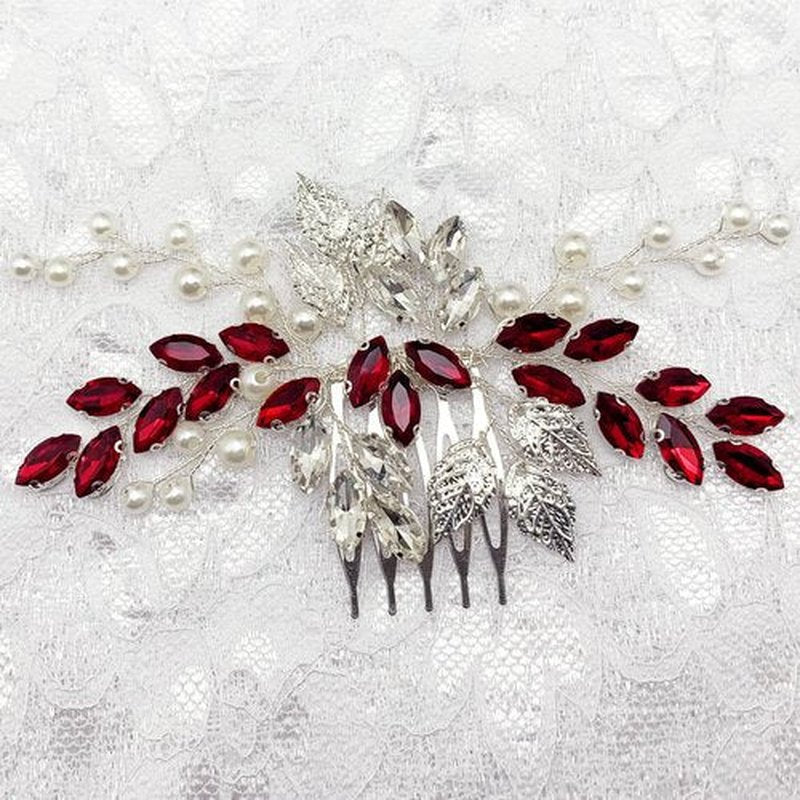 Bride Wedding Hair Comb Crystal Rhinestone Pearls Silver Leaf Hair Piece Accessories for Women Girls Homecoming Party (Red)
