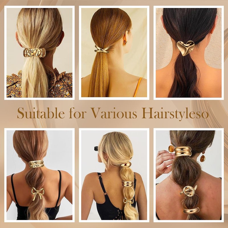 Yuxung 9 Pcs Gold Hair Tie for Women, Gold Cuffs, Metal Geometric Hair Ties Non-damage Ponytail Cuffs Holders for Thick and Thin Ponytails
