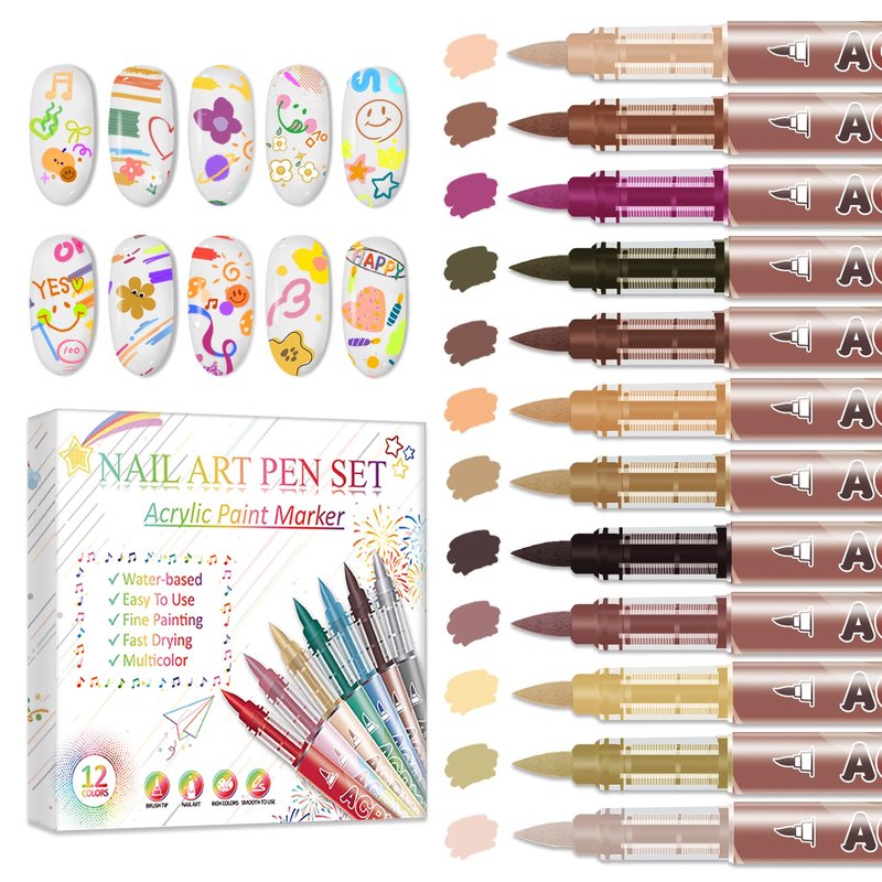 XINGXYUEL 12 Colors Nail Art Pens Set, Nail Art Markers Polish Pens for Painting Nails, Acrylic Paint Drawing Painting Dotting Markers Pen Quick Drying Nail Art Design Manicure Tools 06 Brown