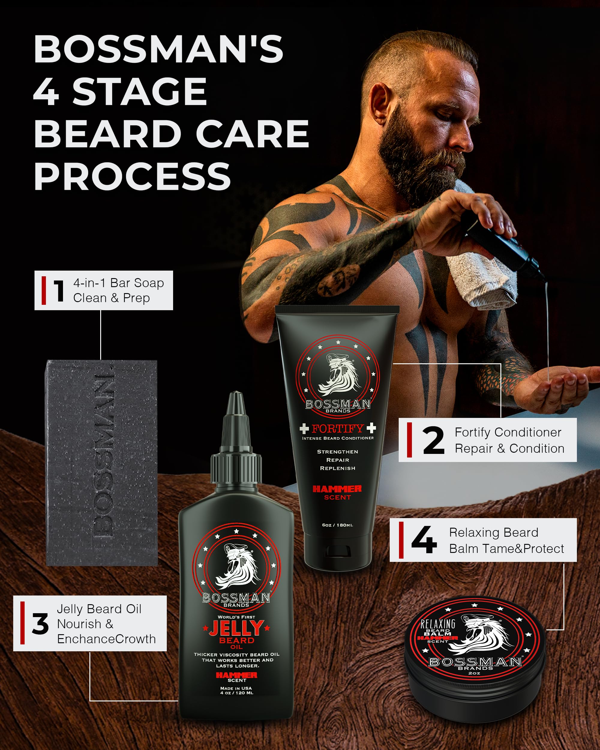 Bossman Relaxing Beard Balm - Beard Tamer, Relaxer, Thickener and Softener Cream - Made in USA (Hammer Scent)